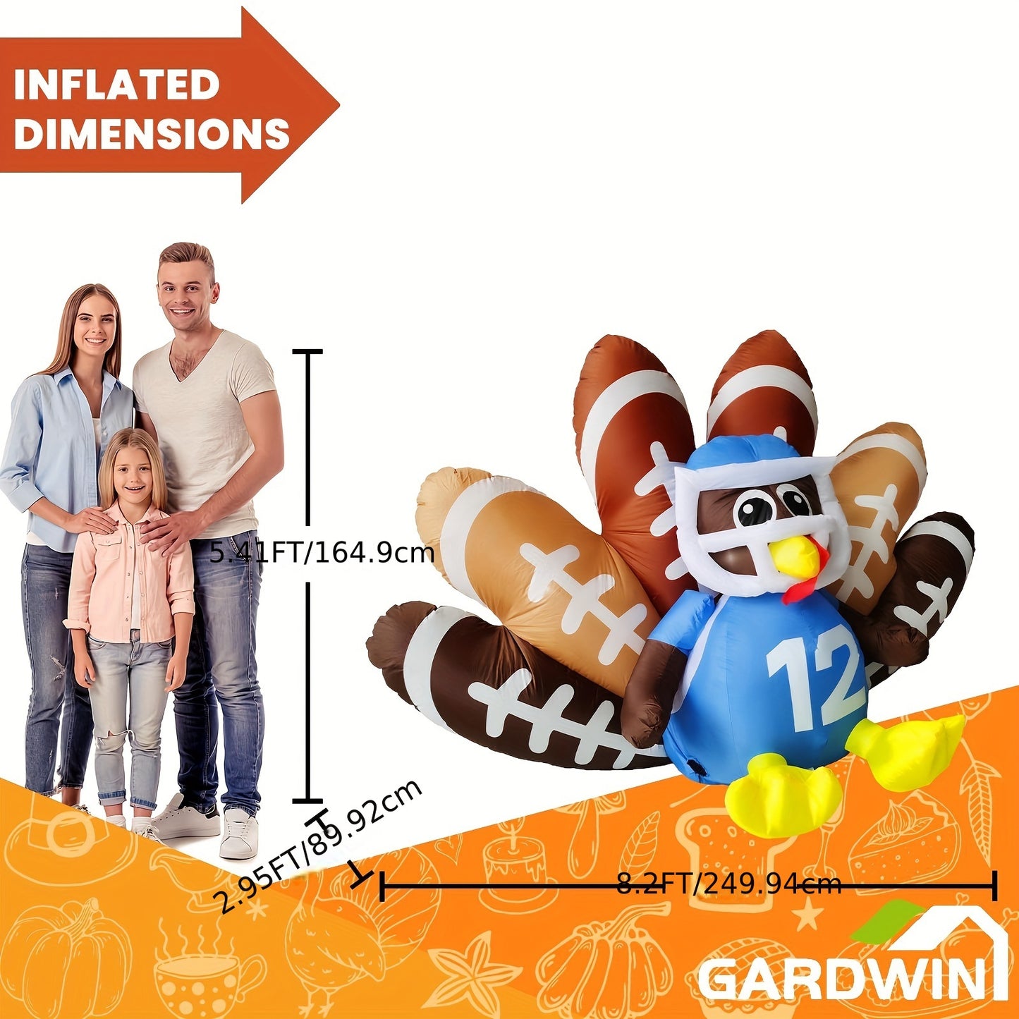 8FT Long Gardwin Thanksgiving Inflatable Turkey No.12 with Built-in LED Lights for Outdoor Garden Lawn Decor