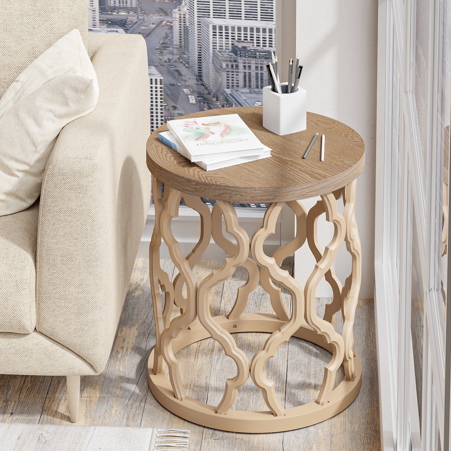 Farmhouse End Table, Distressed Wood Top Side Table with Curved Motif Frame Base