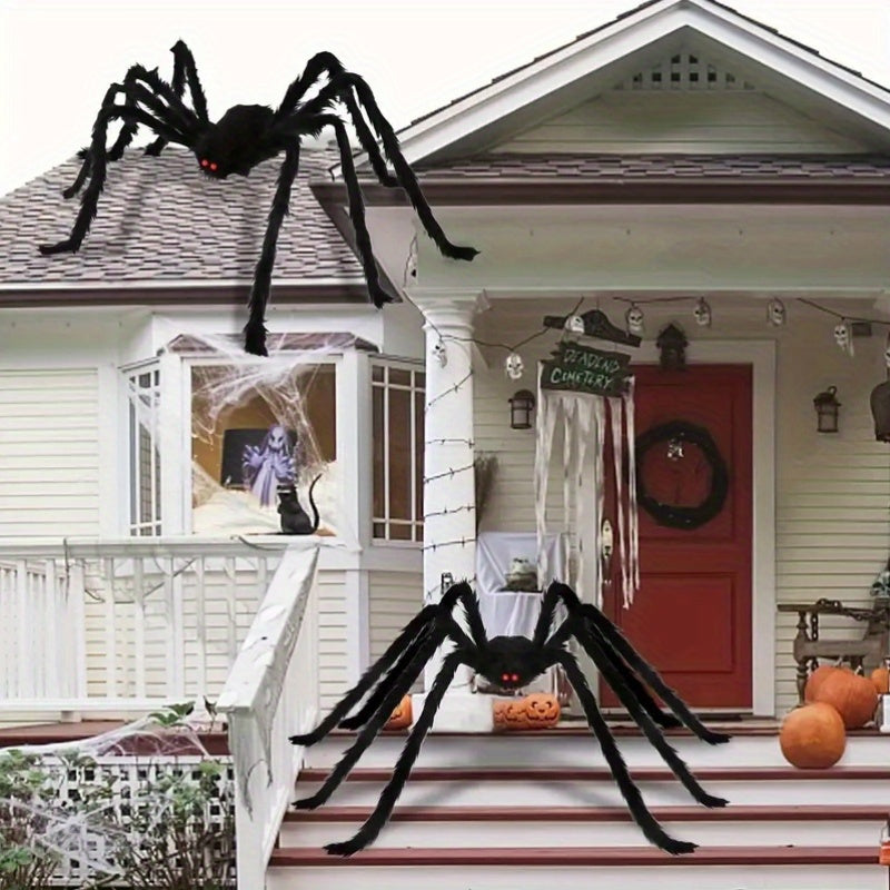 2Pcs Giant Plush Halloween Spider Decorations - 59/49/35 inches, Realistic Design, Ideal for Indoor Haunts and Outdoor Yard Scare