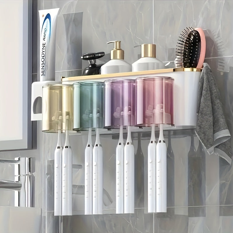 1 Set Of Multifunctional Wall Mounted Toothbrush Holder With Toothpaste Squeezer, Cup Holder, Toothpaste And Mouthwash Storage, Bathroom Accessories, Bathroom Storage And Organization