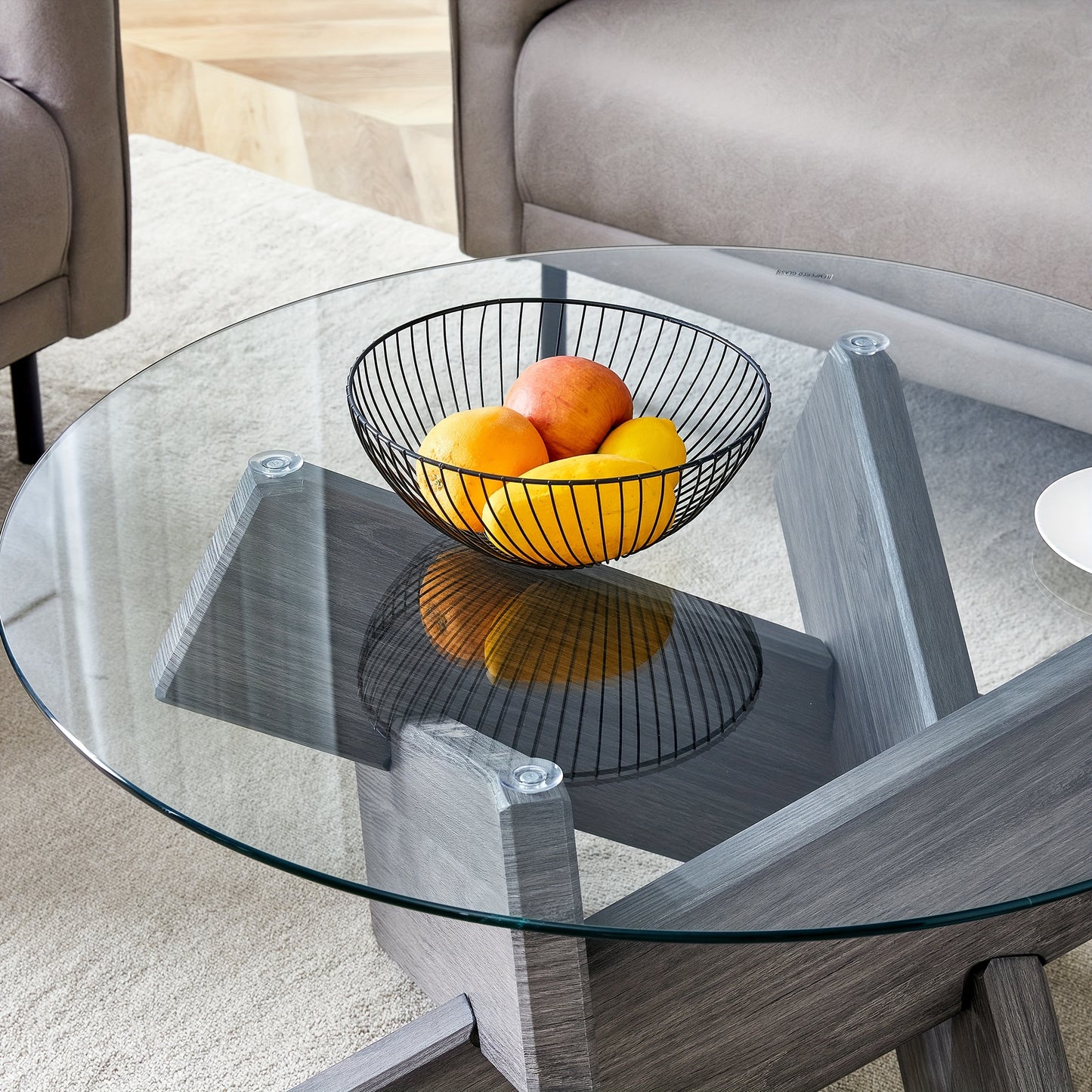 Mid Century Modern Round Coffee Table with Glass Top and Gray Wood-looking Finish Base, 33.4 Inch Circle Farmhouse Coffe Table, Unique Center Table for Livinig Room Apartment Small Space