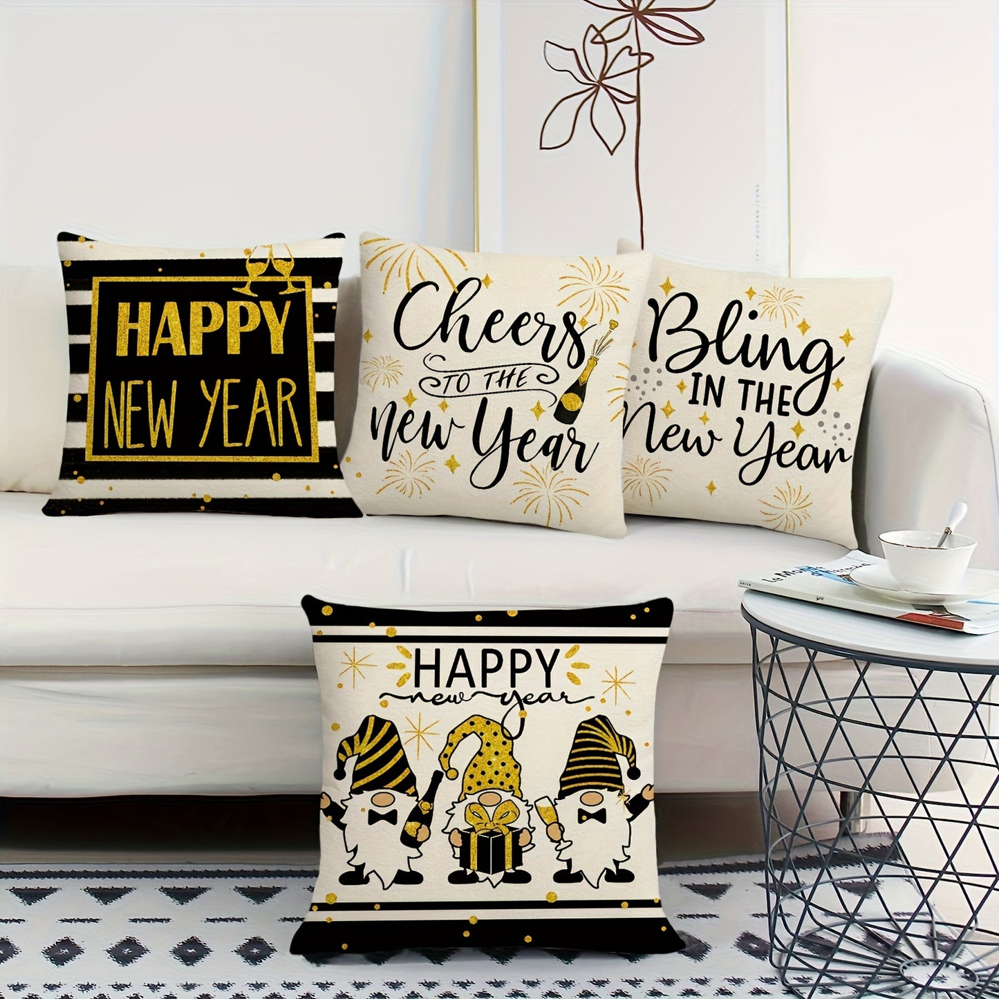 4pcs Set Happy New Year Gnome Throw Pillow Covers - Contemporary Style, Zip Closure, Machine Washable for Sofa, Bed, Car & Home Decor