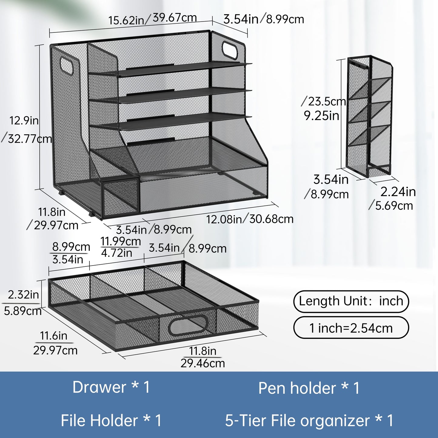 5-Tier Deluxe Desk Organizer System - Spacious File Holder, Mesh Paper Tray, Pen Holder, Drawer, and 3 Tilted File Sorter for Efficient Office Supply Storage and Organization - Sturdy, Adjustable, and Ergonomic Design for Max