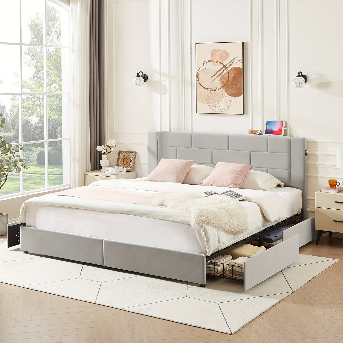 Luxury Upholstered Platform Bed with Headboard, 4 Drawers, Charging Station, Full/Queen/King Size