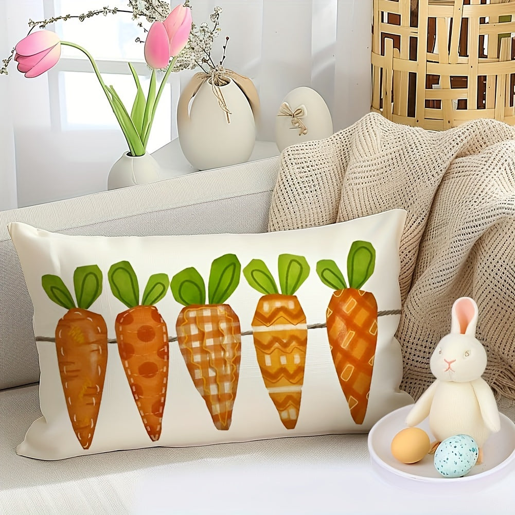 1pc, Contemporary Style Linen Easter Pillow Cover, 12x20inch, Orange Carrots Design, Spring Farmhouse Decor, Zipper Closure, Machine Washable, Multiple Room Compatibility, Woven Fabric, Home Sofa Couch Cushion Case