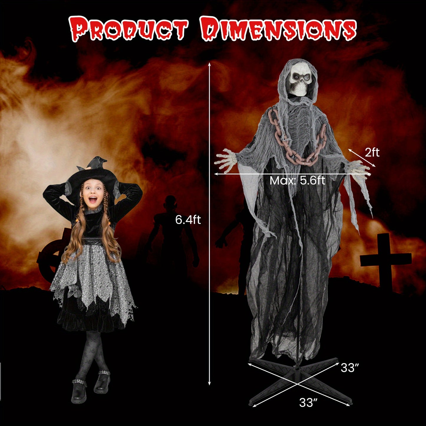 MAXMASS 6.4 ft Halloween Standing Grim Reaper, Voice Activated Animatronic Ghost w/ Lighted Eyes, Automatic Arm Movement & Terrifying Sounds, Skeleton Ghost with Chain for Indoor Outdoor