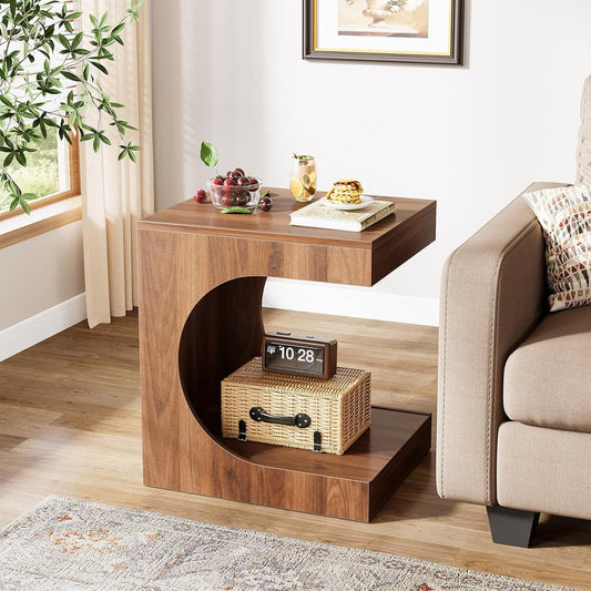 BYBLIGHT Rustic Brown C-Shaped End Table - 2-Tier Wooden Side Table for Small Spaces, Perfect for Bedroom & Living Room