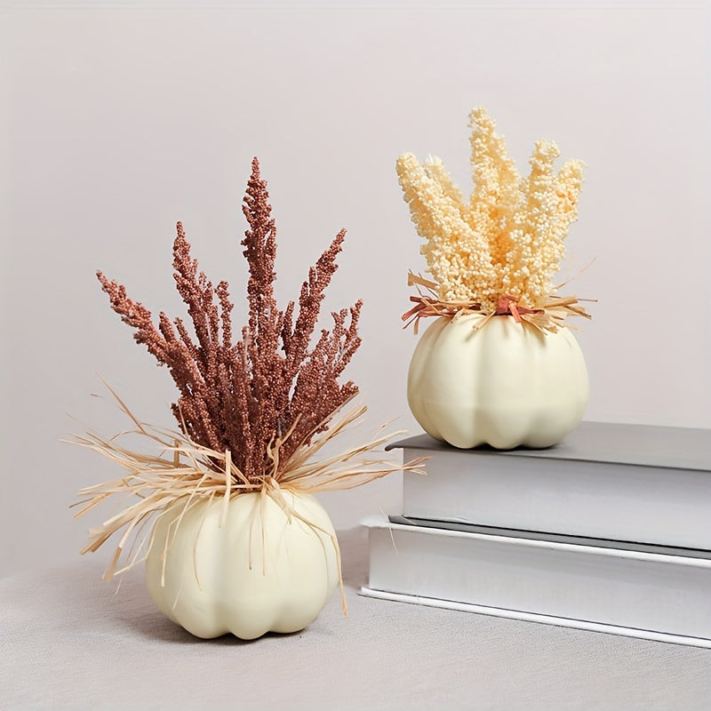 2 Pcs Festive Pumpkin Decorations: Artificial Foam Plastic Pumpkins with Wheat Stems, Perfect for Fall Festivities and Thanksgiving Decor