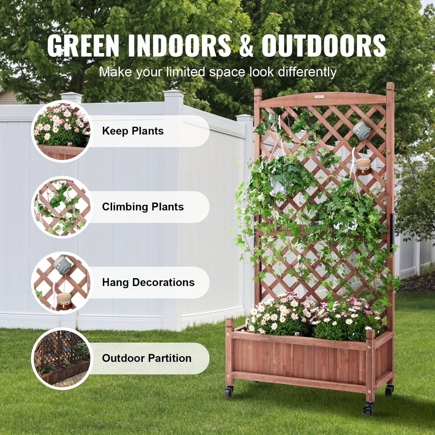 2PCS Wood Planter Box with Trellis - Large 60"x13"x61.4" Outdoor Raised Garden Bed with Drainage Holes and Free-Standing Design - Ideal for Vine Climbing Plants, Flowers, and Gardening in Garden, Patio, Balcony