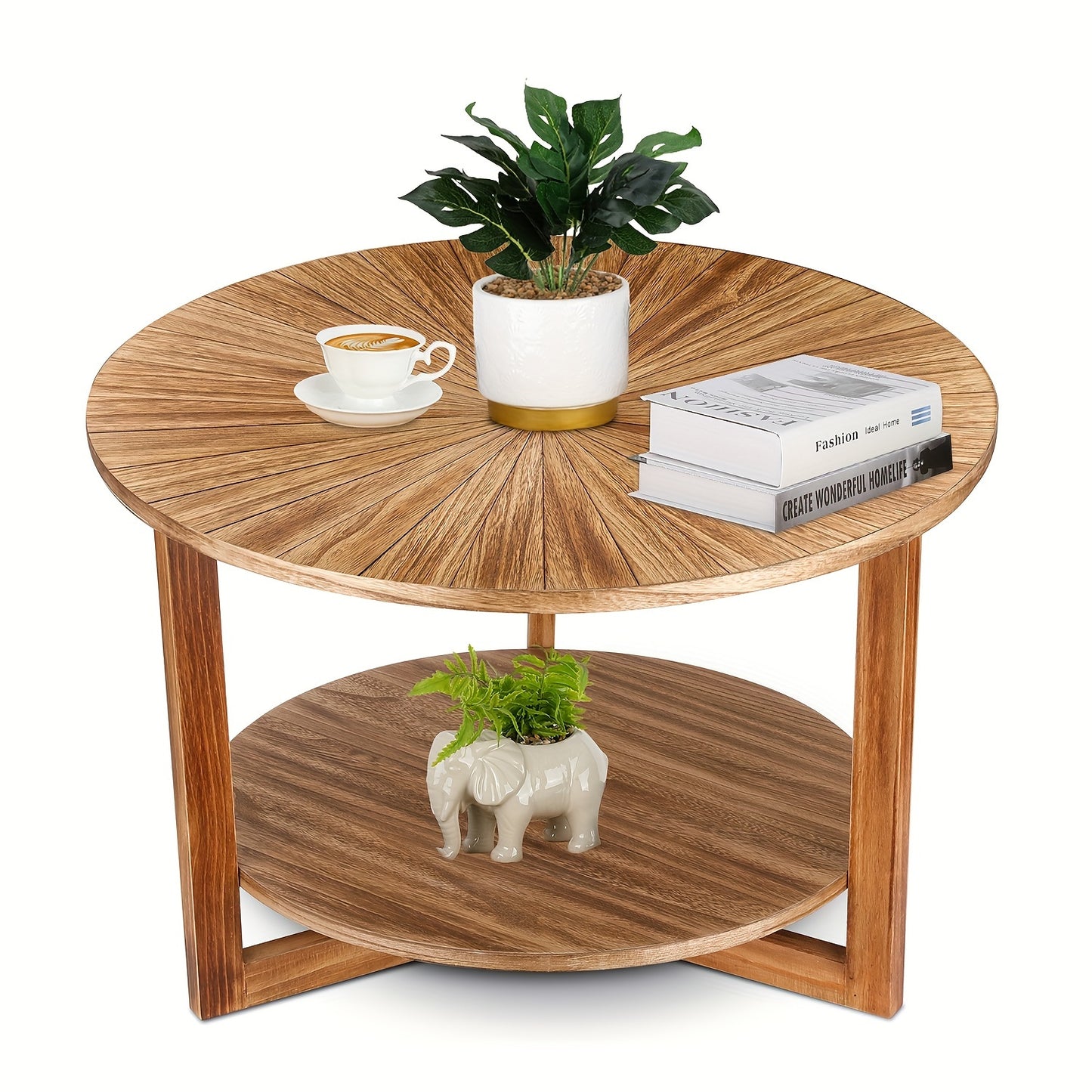 2-Layer Wood Round Coffee Table with Light Luxury and Simple Style, Perfect for Living Room