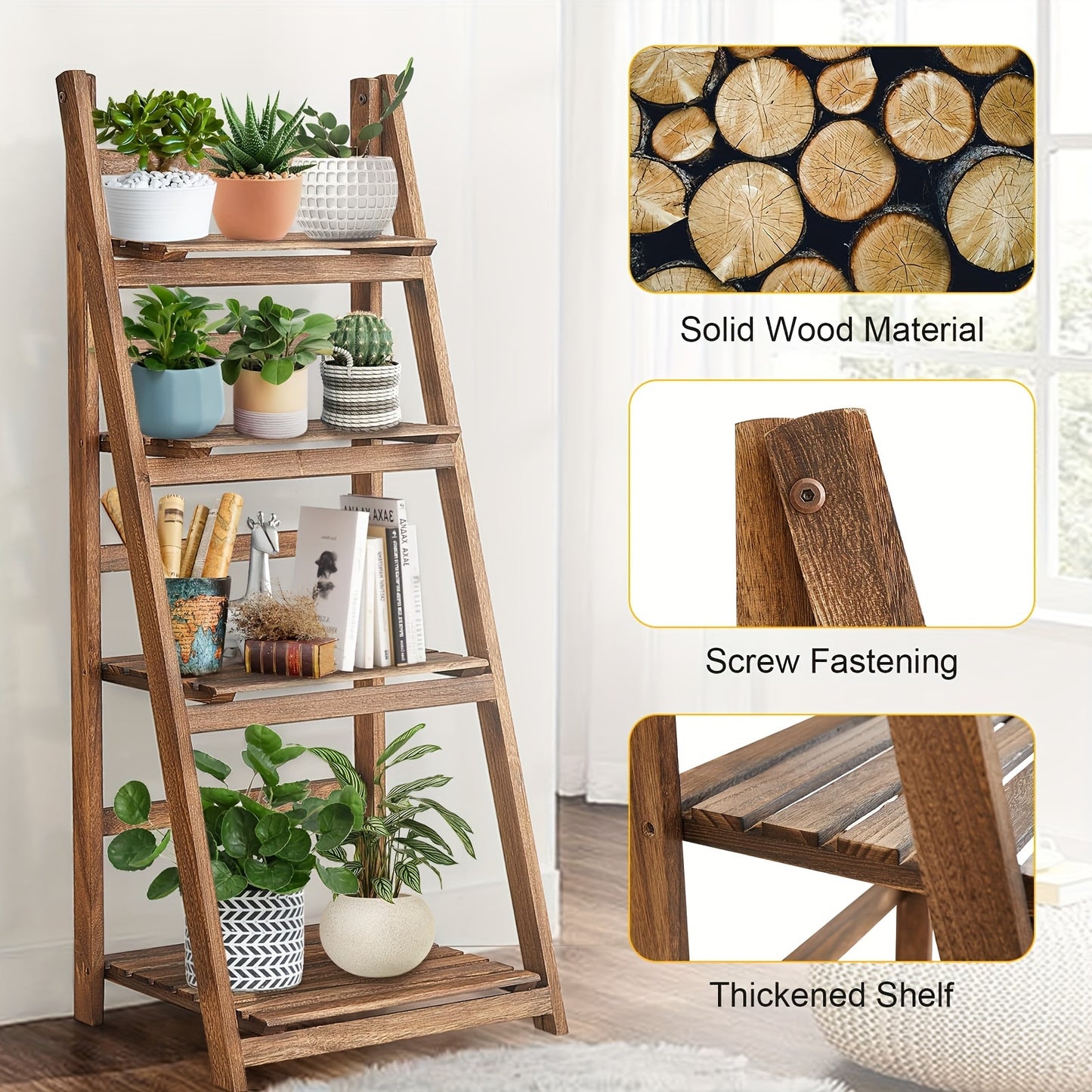 4-Tier Rustic Solid Wood Ladder Shelf, 45" Industrial Leaning Bookcase Folding Freestanding Plant Stand for Living Room, Office, Brown Strip Shelf