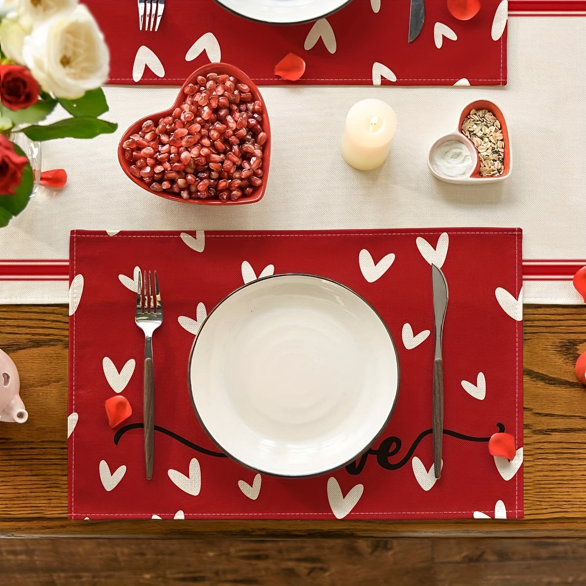 4pcs Happy Valentine's Day Linen Placemats - Romantic White Heart Loving Letter Pattern Red Table Pads for Dining Room - Holiday Party Decor, Easy to Clean, Heat Resistant, and Non-Slip Place Mats