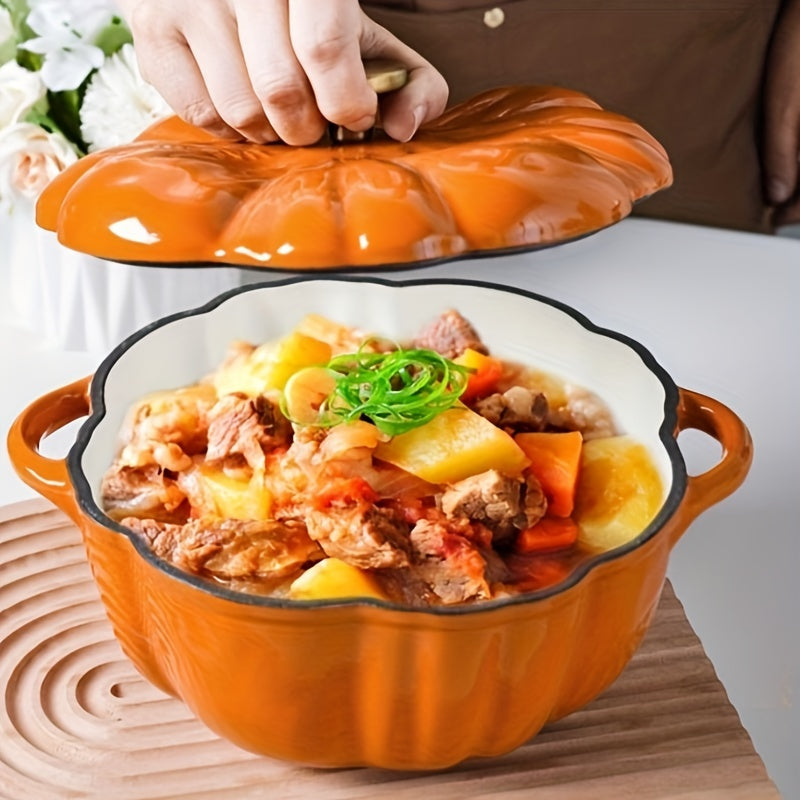 1pc, Double-ear Pumpkin Enamel Stew Pot, Enamel Soup Pot, Special Multi-functional Enamel Soup Pot, Electromagnetic Cooker General, Kitchen Supplies