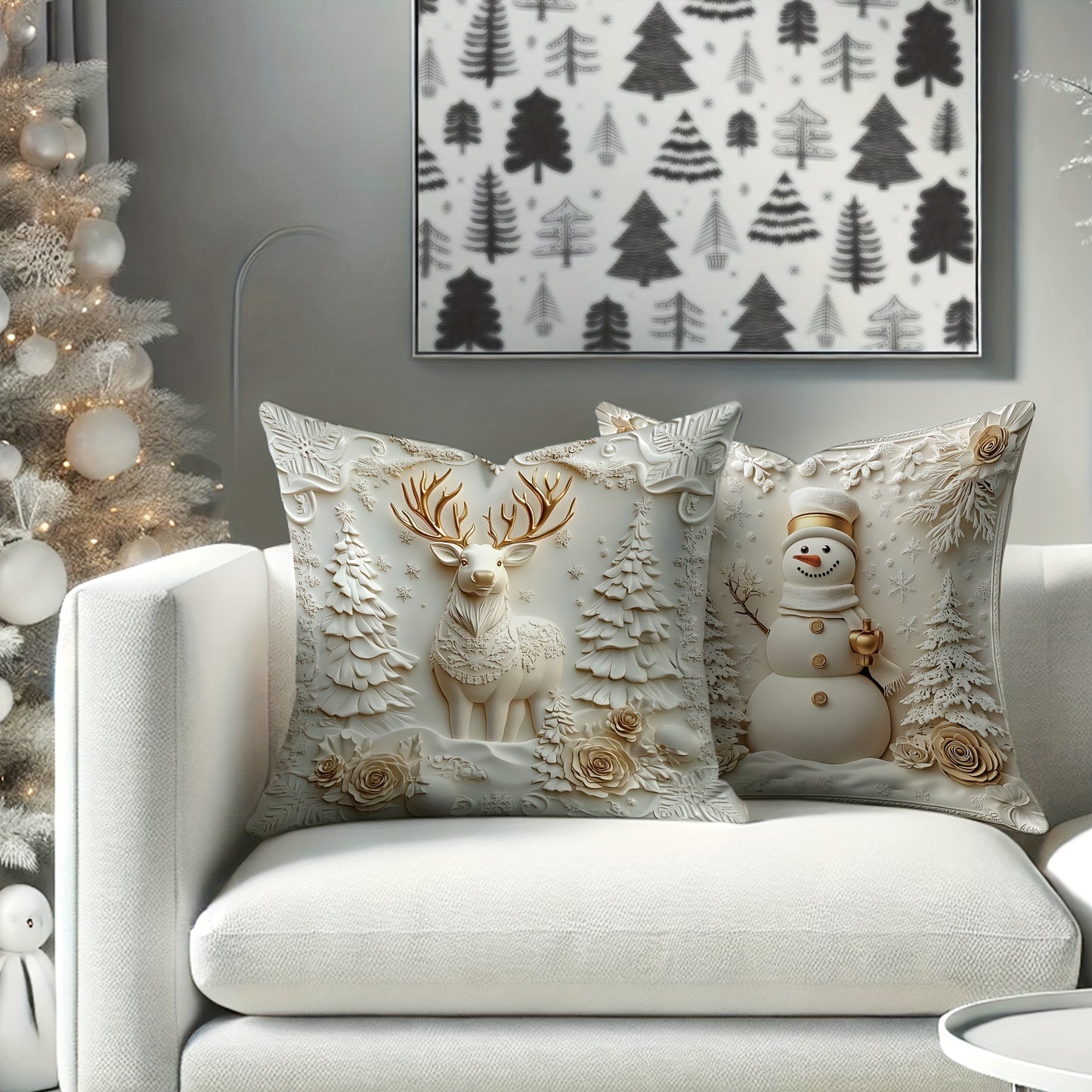 4pcs Christmas Decorations Santa Snowman Deer Floral Tree Velvet Throw Pillow Covers Funny Luxury 3D White Golden Soft Decorative Pillowcases One Sided Printing 18in*18in for Christmas Winter Living Room Bedroom Sofa Bed Deco