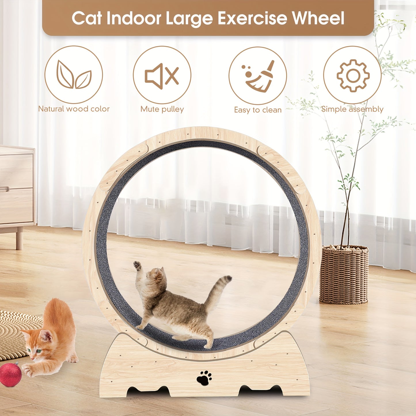 37" Natural Wood Color Cat Exercise Wheel, Carpeted Runway Cat Running Wheel, Fitness Device for Indoor Cats, Longer Life Sport Treadmill