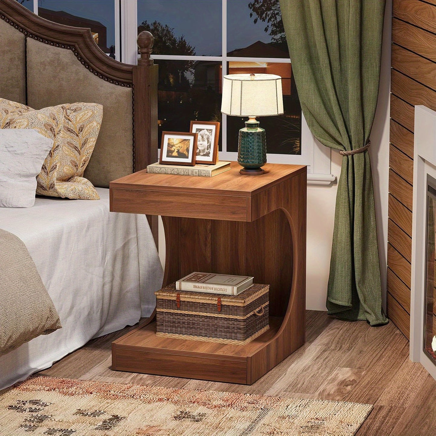 BYBLIGHT Rustic Brown C-Shaped End Table - 2-Tier Wooden Side Table for Small Spaces, Perfect for Bedroom & Living Room