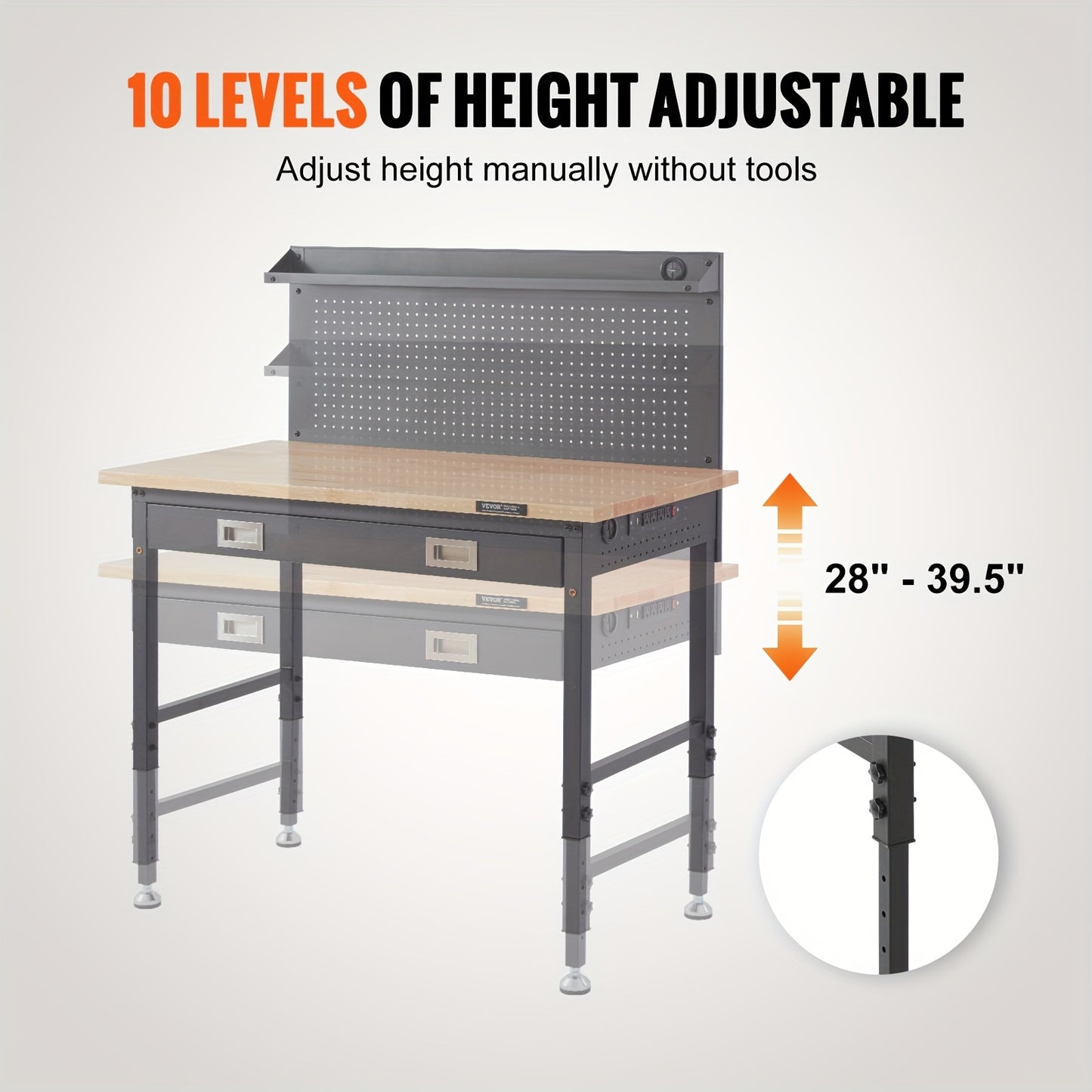 VEVOR Adjustable Height 28-39.5" Work Bench For Garage Oak Plank & Carbon Steel Heavy Duty Workbench 2000lbs Weight Capacity Bench Top Size 48x24 Hardwood Workbench 3m Cable 30 Hooks