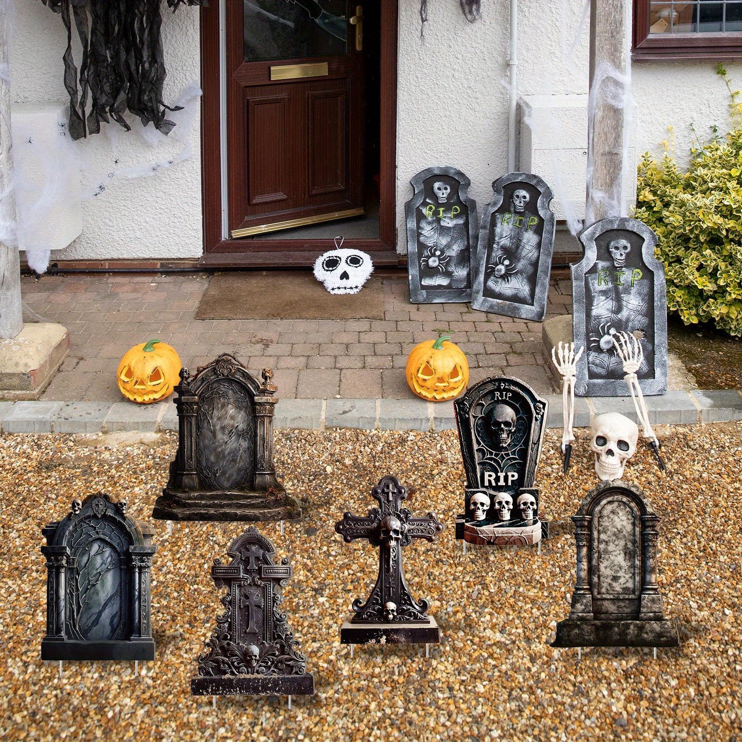 6pcs Halloween Graveyard Decor Set - Large, Realistic RIP Skeleton Tombstones with Stakes for Outdoor Yard & Lawn Display, Perfect for Home Parties