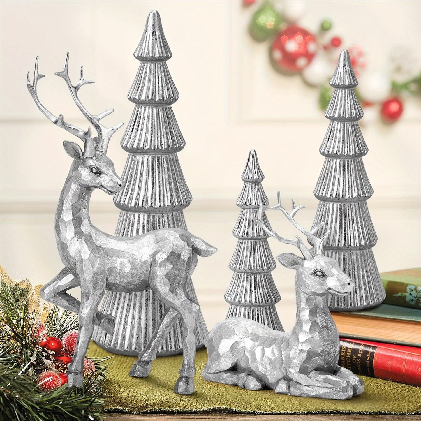 5Pcs/Set Geometric Resin Deer Figurines, Christmas Evergreen Tree Statue & Deer Resin Statue Set Ornaments For Tabletop Home & Office Decor, Ideal For Gift Christmas, Thanksgiving, New Year - Elegant Home Decor Resin Art