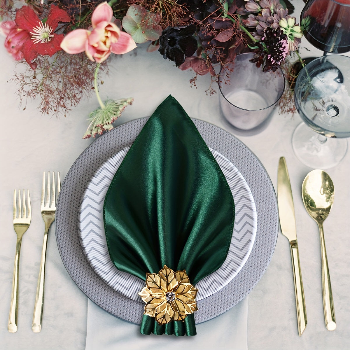 12 Pack Forest Green Satin Dinner Napkins with Golden Napkin Rings - Perfect for Christmas or Wedding Receptions