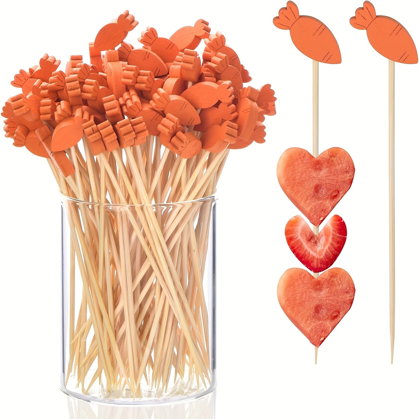 100pcs/pack Whimsical Easter Egg Rabbit Carrot Bamboo Sticks - Disposable Decoration Cocktail Sushi Sticks for Wedding Party Cake Dessert - Cute Fancy Wooden Theme Party Supplies