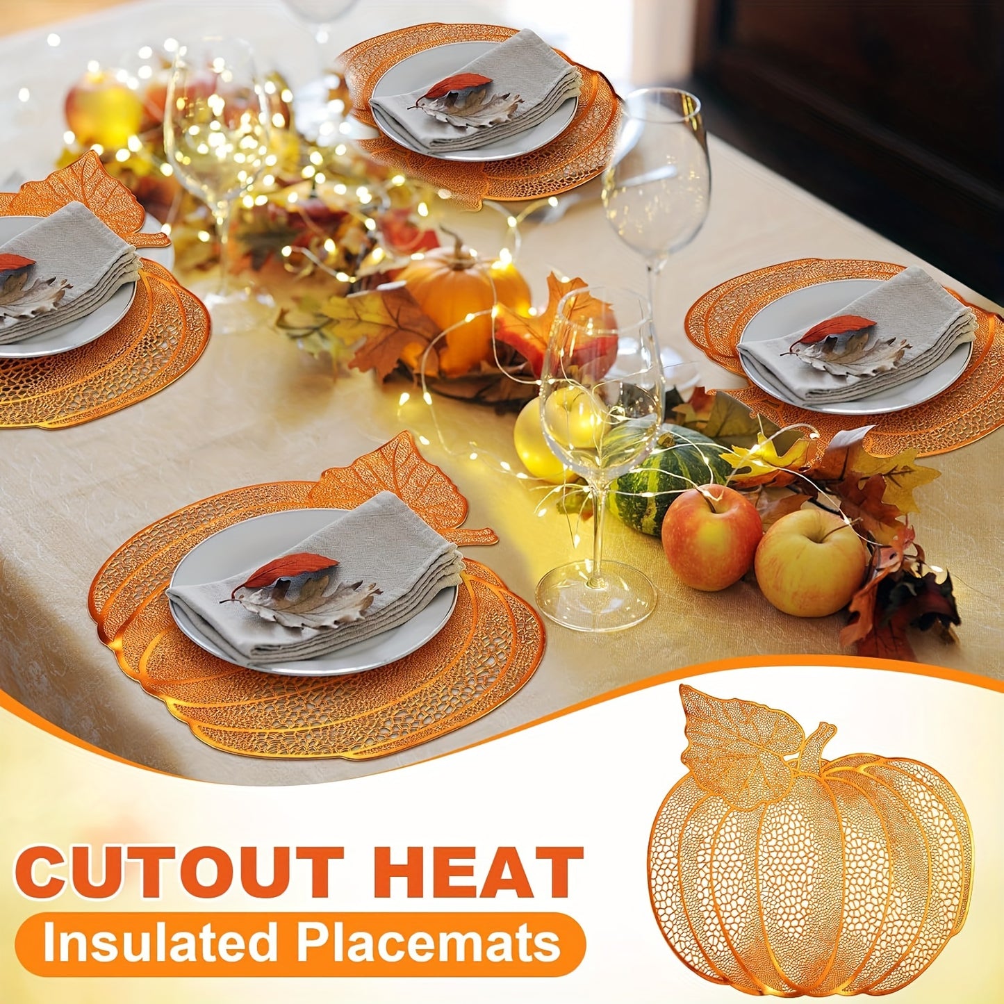 12 Pack/8 Pack Pressed Vinyl Metallic Fall Place Mats Autumn Harvest Pumpkins Place Mats, Round Place Mats Pumpkin Place Mats for Thanksgiving Halloween Table Decoration