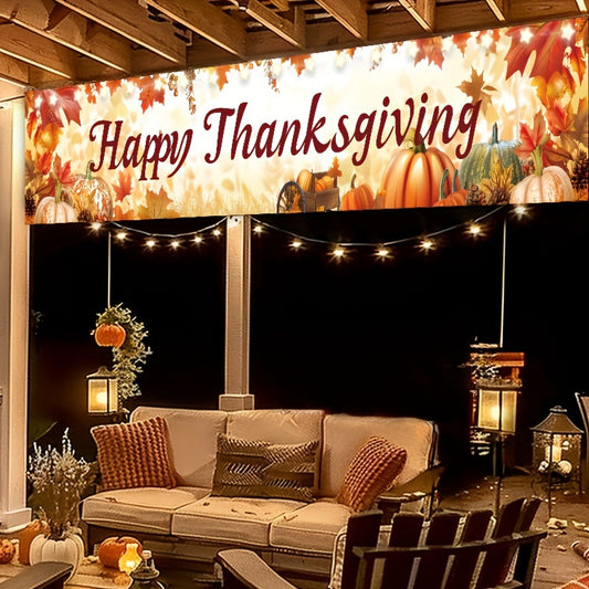 Happy Thanksgiving Banner - 118"x18" Vibrant Pumpkin Harvest Scene, Durable Polyester Outdoor & Indoor Decor for Home, Party, Photo Booth - Includes Free Installation Kit & String Lights