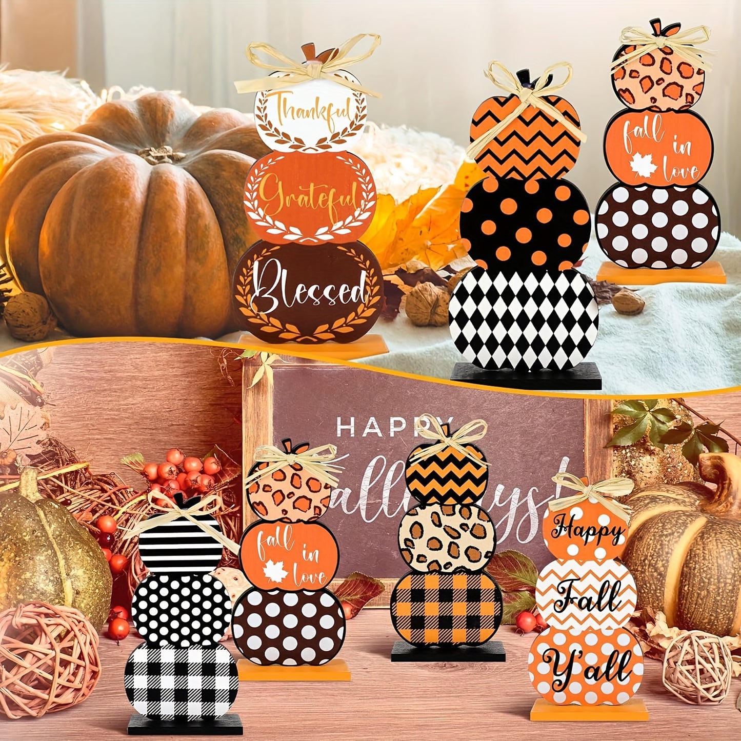 Seasonal Pumpkin Wooden Decor Set - Contemporary Style Tabletop Figurines for Thanksgiving, Halloween, Christmas - Autumn Harvest Festive Home Decoration, Non-Electric with No Feathers - Holiday Themed Ornaments