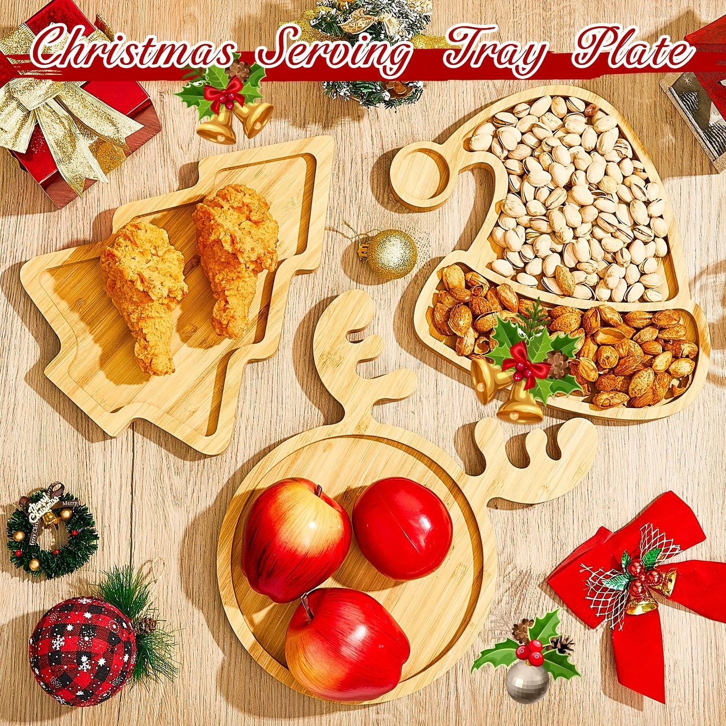 3 Pieces Christmas Wooden Serving Tray for Snacks, Cookies, Fruits, Cheese Display Food Dish Home Office