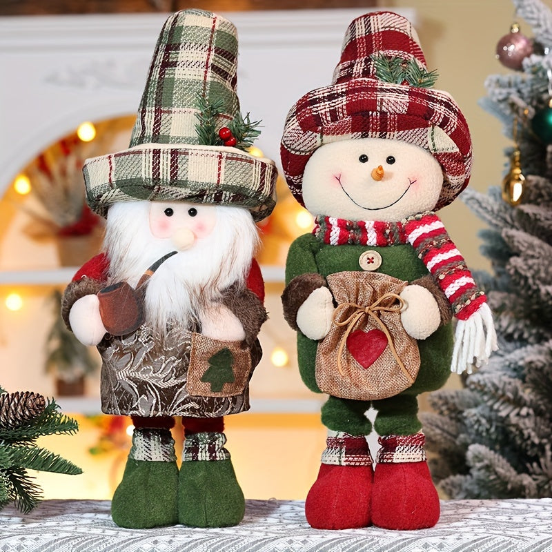 2pcs/set Christmas Decorations Standing Plush, Figurine Snowman Telescopic Length Christmas Plush, Snowman/Santa Claus With Adjustable Legs, Home Decorations Doll, Xmas Party Ornament Holiday Doll Toy Gift (18.5in/24.4in)