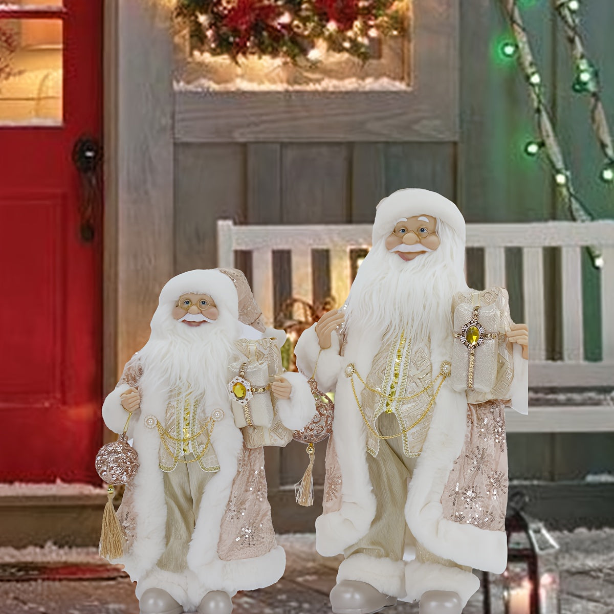 Elegant Christmas Santa Claus Figurines | 17.72 In & 23.62 In Fluffy Santa Decorations | Available In Champagne, Rose Gold, Sky Blue & Gold | Ideal For Home, Office, & Outdoor Holiday Decor