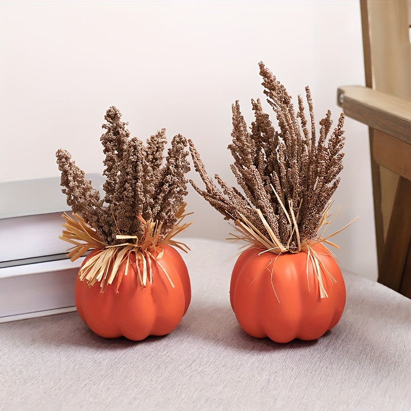 2 Pcs Festive Pumpkin Decorations: Artificial Foam Plastic Pumpkins with Wheat Stems, Perfect for Fall Festivities and Thanksgiving Decor