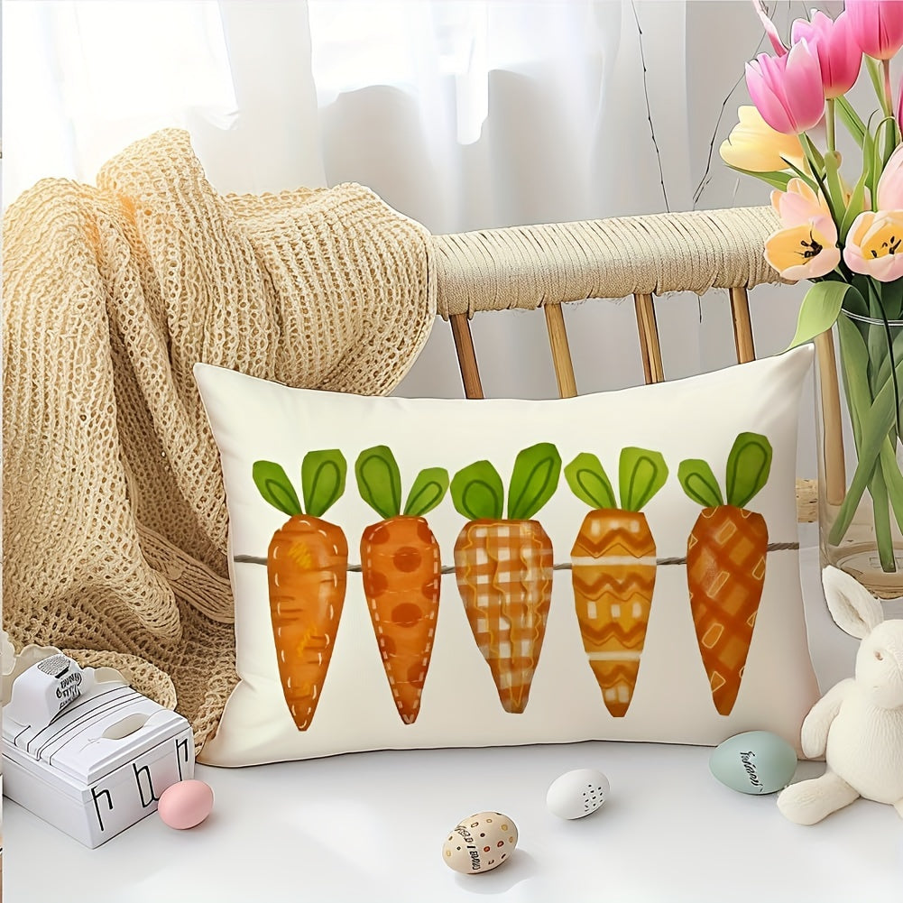 1pc, Contemporary Style Linen Easter Pillow Cover, 12x20inch, Orange Carrots Design, Spring Farmhouse Decor, Zipper Closure, Machine Washable, Multiple Room Compatibility, Woven Fabric, Home Sofa Couch Cushion Case