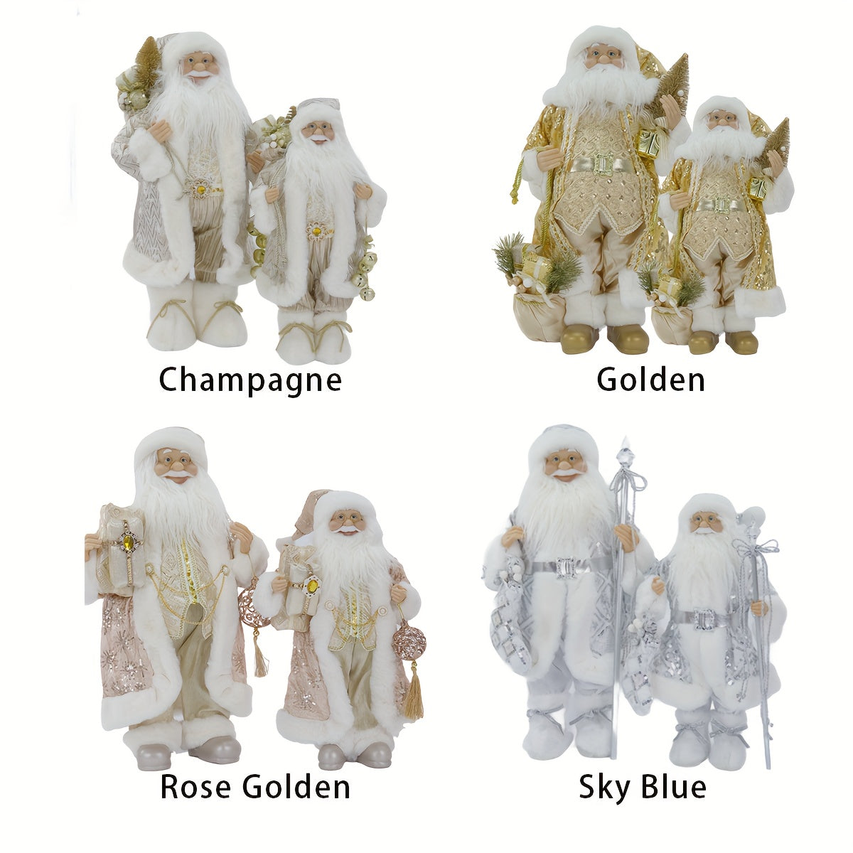 Elegant Christmas Santa Claus Figurines | 17.72 In & 23.62 In Fluffy Santa Decorations | Available In Champagne, Rose Gold, Sky Blue & Gold | Ideal For Home, Office, & Outdoor Holiday Decor