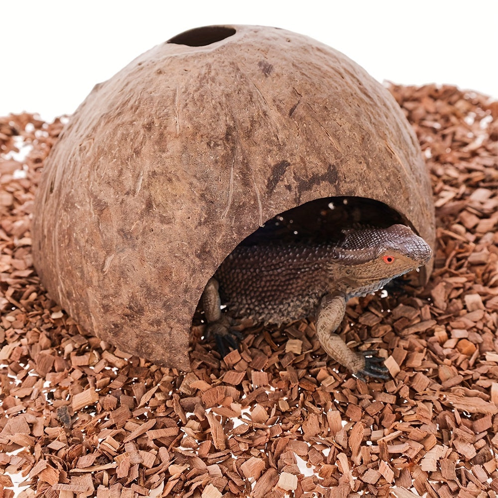 1pc/2pcs Natural Coconut Shell Reptile Hideaway, Pet Shelter For Frogs, Lizards, Snakes, Turtles, Hamsters, Hermit Crabs, Tropical Style, Aquarium & Terrarium Decor