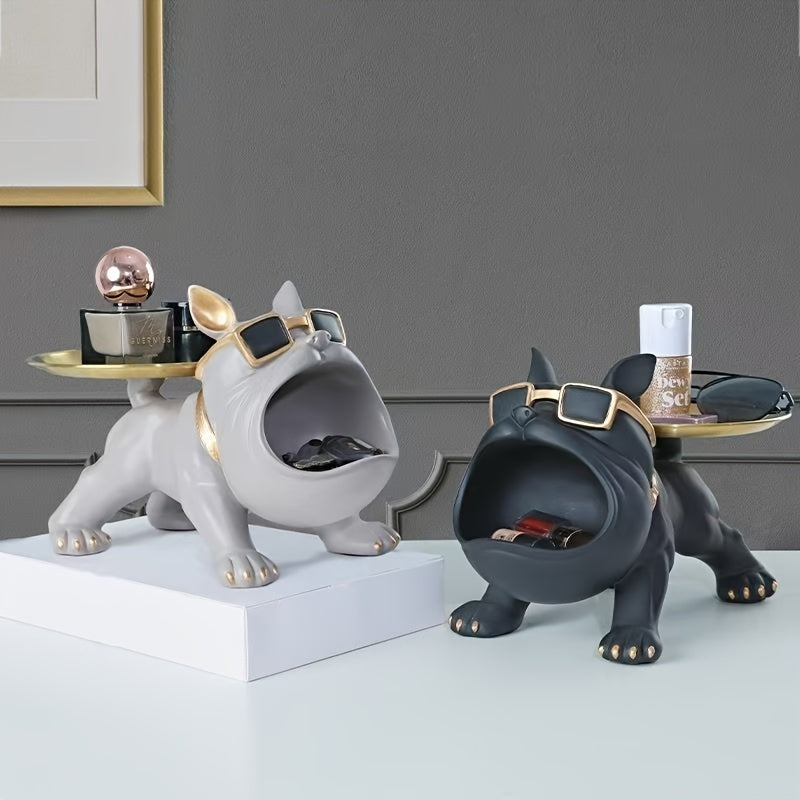 Chic French Bulldog Resin Sculpture with Storage Tray - Nordic-Inspired Animal Figurine for Candy, Snacks, Keys, Coins & Jewelry - Perfect for Living Room, Bedroom, Office Decor & Gifts