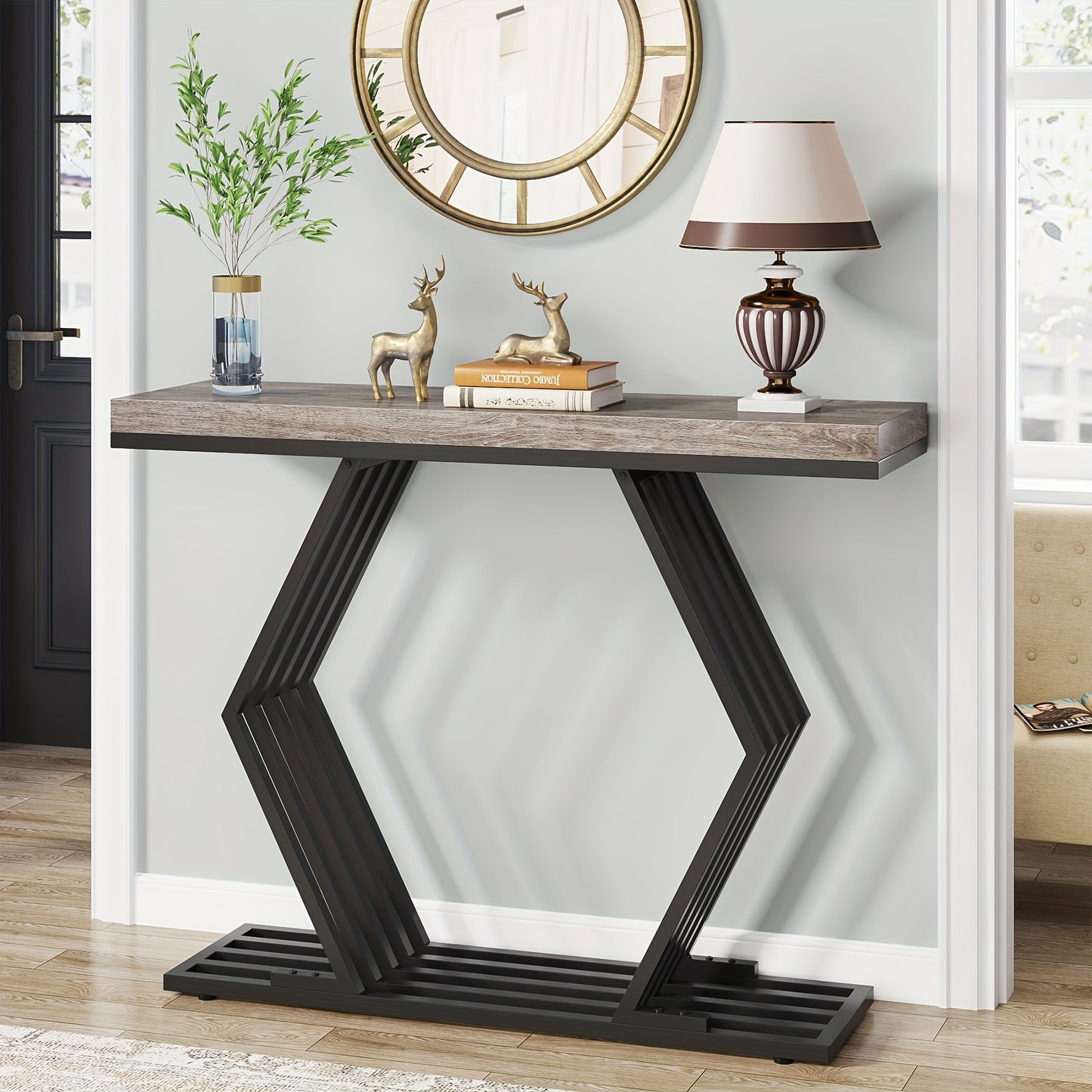 39-inch Modern Farmhouse Entryway Console Table - Sofa & Console Tables with Geometric Metal Base, Wooden Top, Narrow Hallway Accent Table for Living Room, Entrance - Stylish, Space-Saving, Easy Assembly