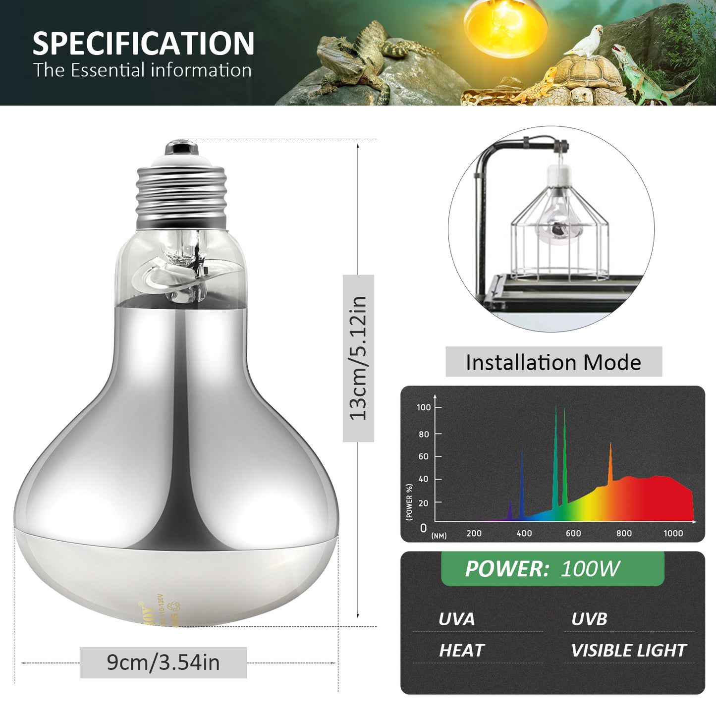 100W Reptile Heat Lamp Bulb Full Spectrum UVA UVB Sun Light for Reptile and Amphibian Use