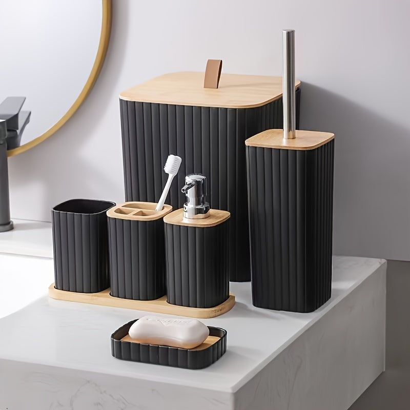 Elegant 6-Piece Striped Bathroom Set with Bamboo Lid - Plastic, Reusable, and No Electricity Required