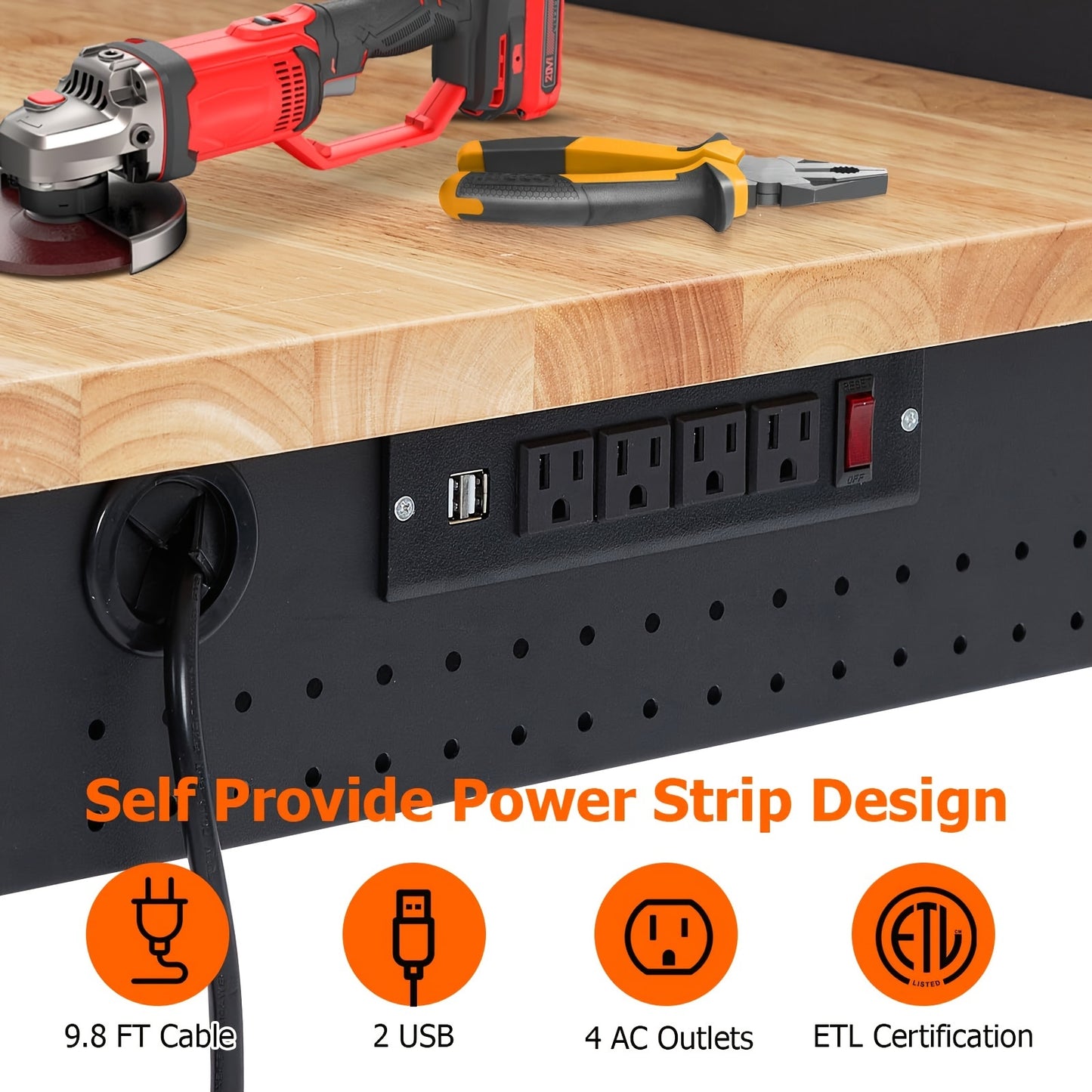 2000 LB Load Capacity 48" Heavy Duty Workbench, Adjustable Height Multipurpose Rubber Wood Shop Table With Drawer Storage, Backplate, Power Outlets, Hooks, Garage Storage