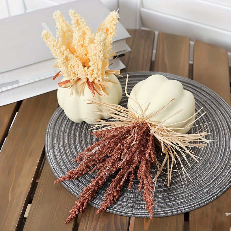 2 Pcs Festive Pumpkin Decorations: Artificial Foam Plastic Pumpkins with Wheat Stems, Perfect for Fall Festivities and Thanksgiving Decor