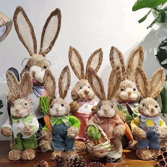 Handcrafted Fabric and Faux Leather Bunny Dolls, 13.78inch Rustic Countryside Rabbit Figures, Set of Collectible Comic Themed Bunnies for Home Decor, Charming Garden Party Ornaments, Ideal for Easter, St. Patrick's Day, Day o