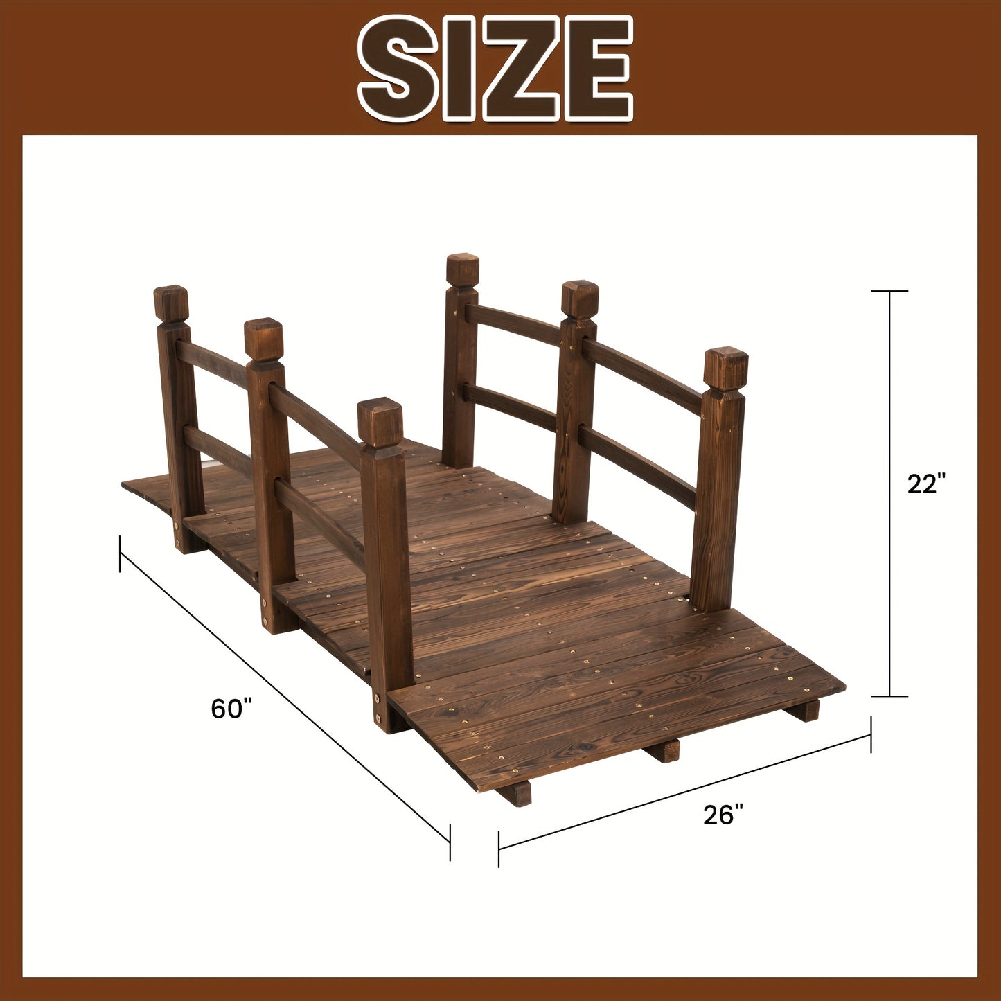 5ft Wooden Garden Bridge, Arch With Safety Railings On Either Side Outdoor Footbridge, Wooden Walkway Decorative Pond Landscaping, Backyard, Creek Or Farm