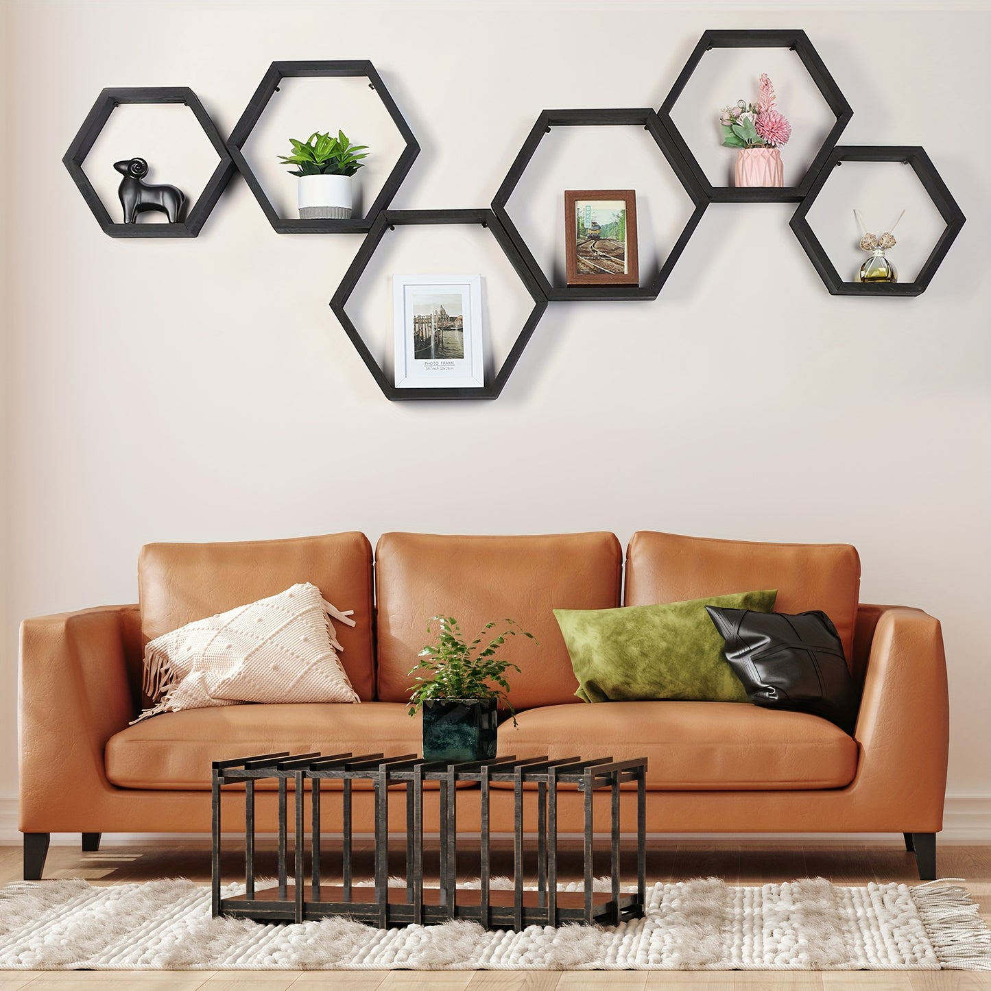 Set Of 6 Hexagonal Shelves For Wall Decor Floating Shelves Wood Wall Shelf Wall Mounted Storage Hanging Honeycomb Shelves Display Float Shelves For Bedroom Living Room Bathroom Office, Light Brown