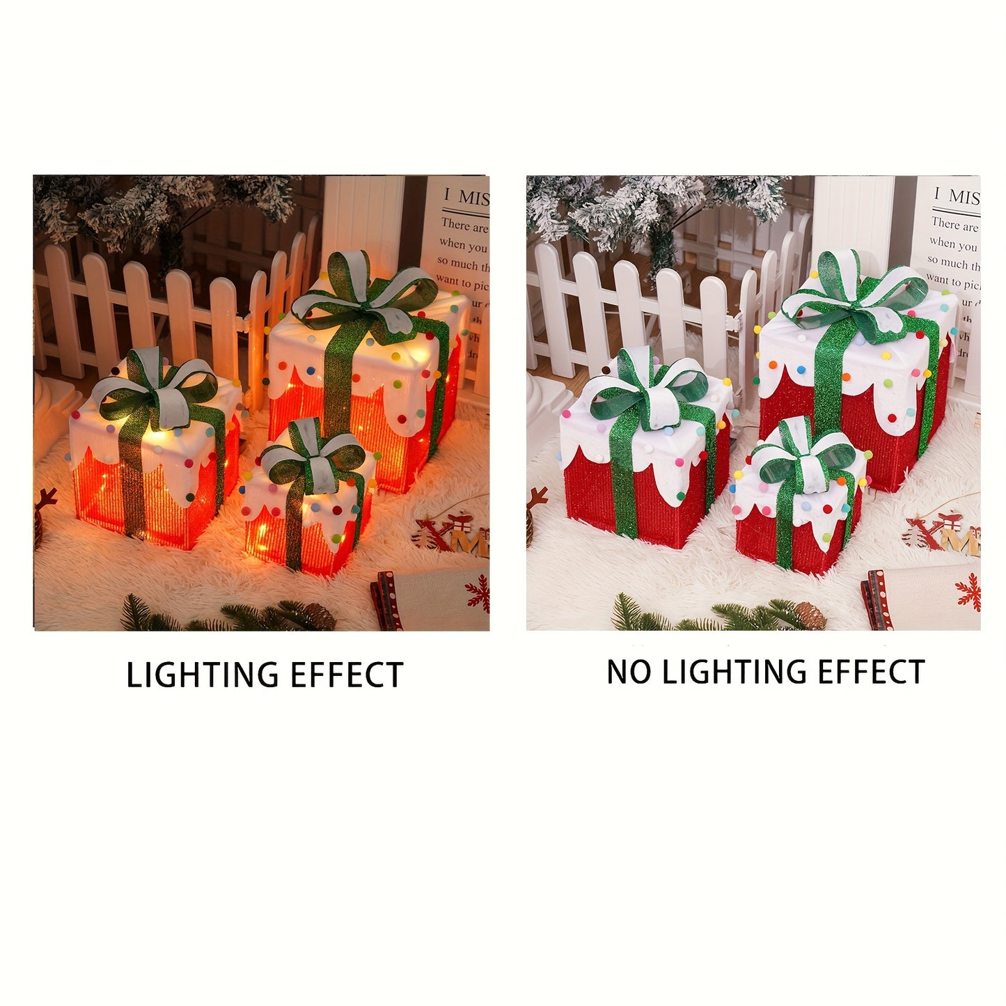 Set Of 3 Christmas LED Light Up Decoration Gift Boxes, Bow Gift Boxes, Christmas Tree Skirt Ornaments For Christmas, Party, Birthdays, Home, Decoration (AA Battery Powered)