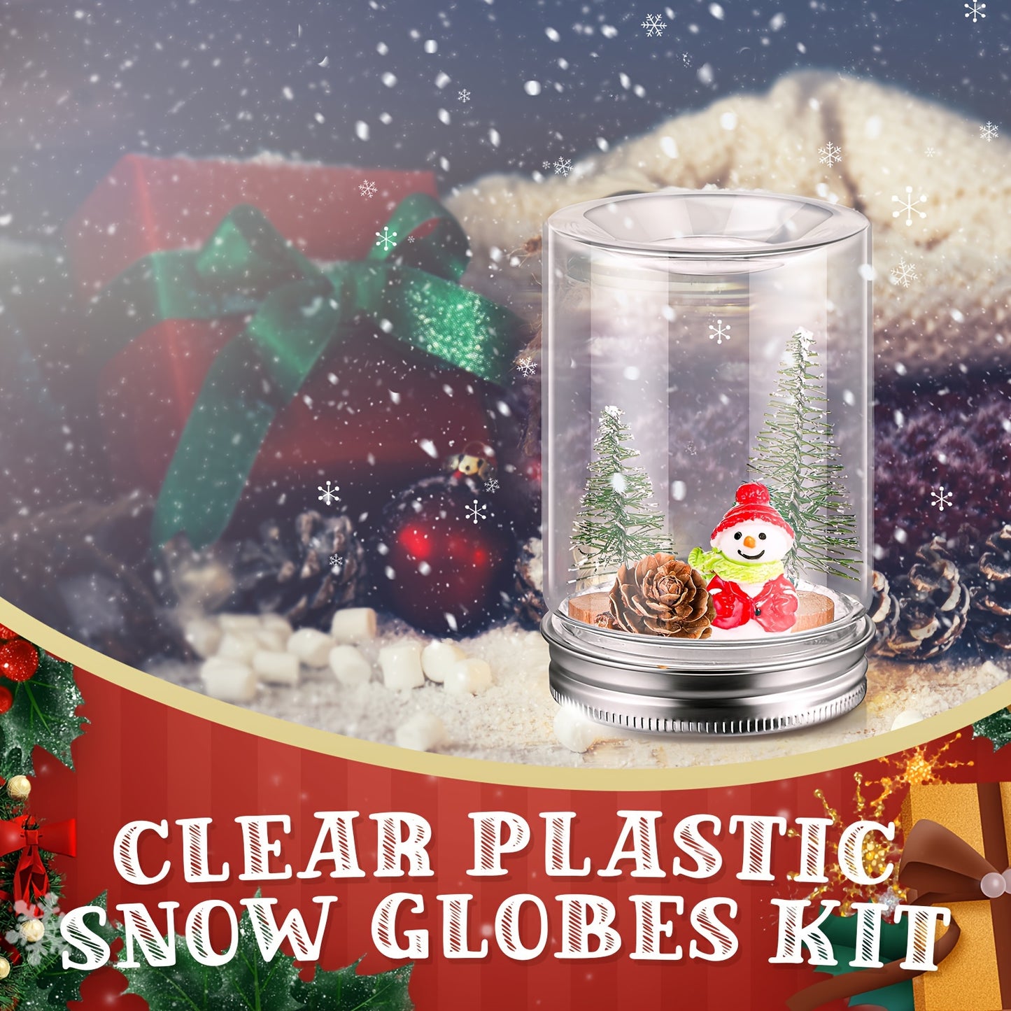 48 Sets Christmas Plastic Snow Globes Kit Includes 48 Clear Snow Globe, 96 Mini Xmas Trees, 48 Miniature Snowman, 96 Mini Pine Cones With Artificial Snow For DIY Crafts Home Winter Decor