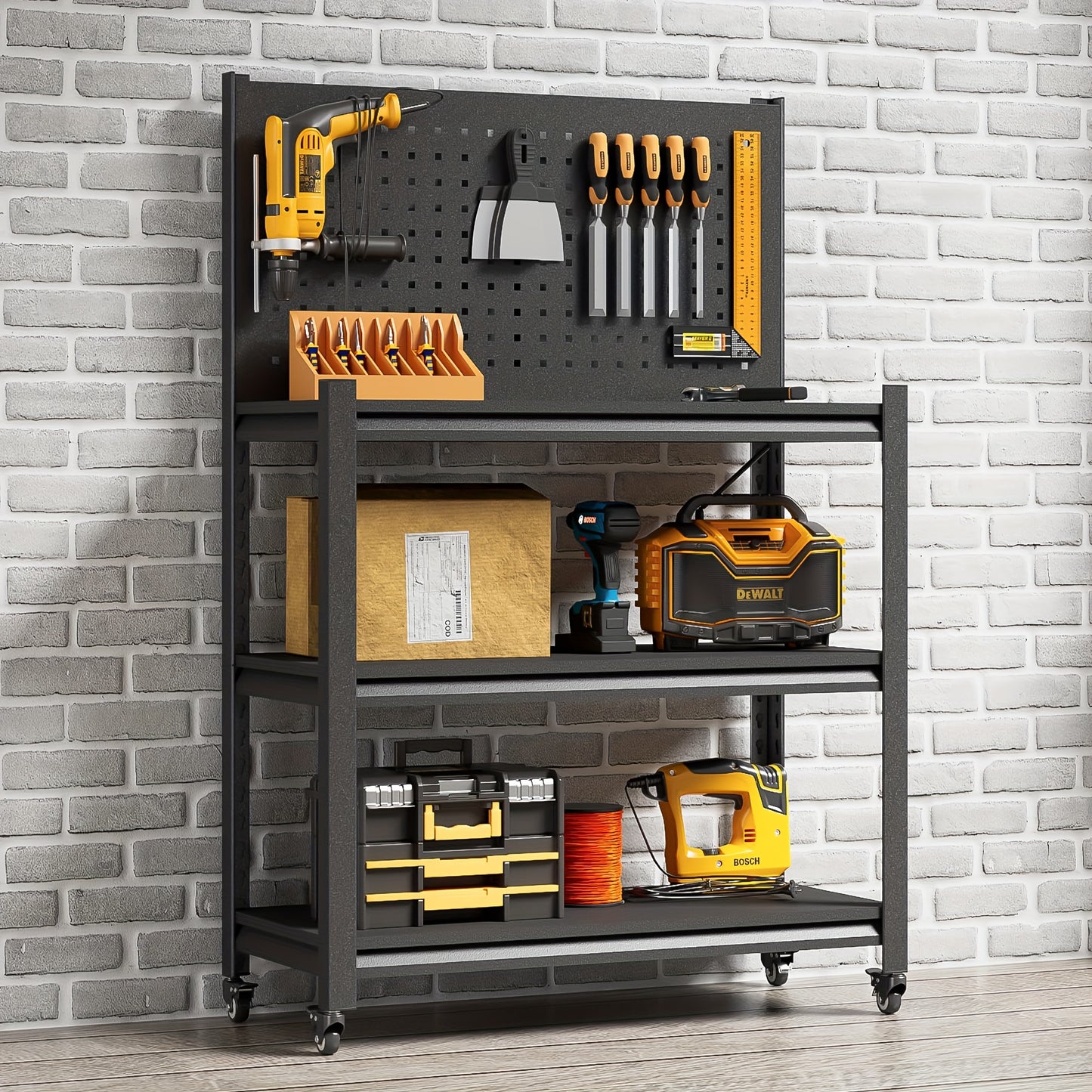 Heavy-Duty 48" Steel Workbench with Pegboard - Mobile, Adjustable, and Spacious Tool Station for Garage, Warehouse, and Workshop - Durable, Rust-Resistant, and Easy to Assemble