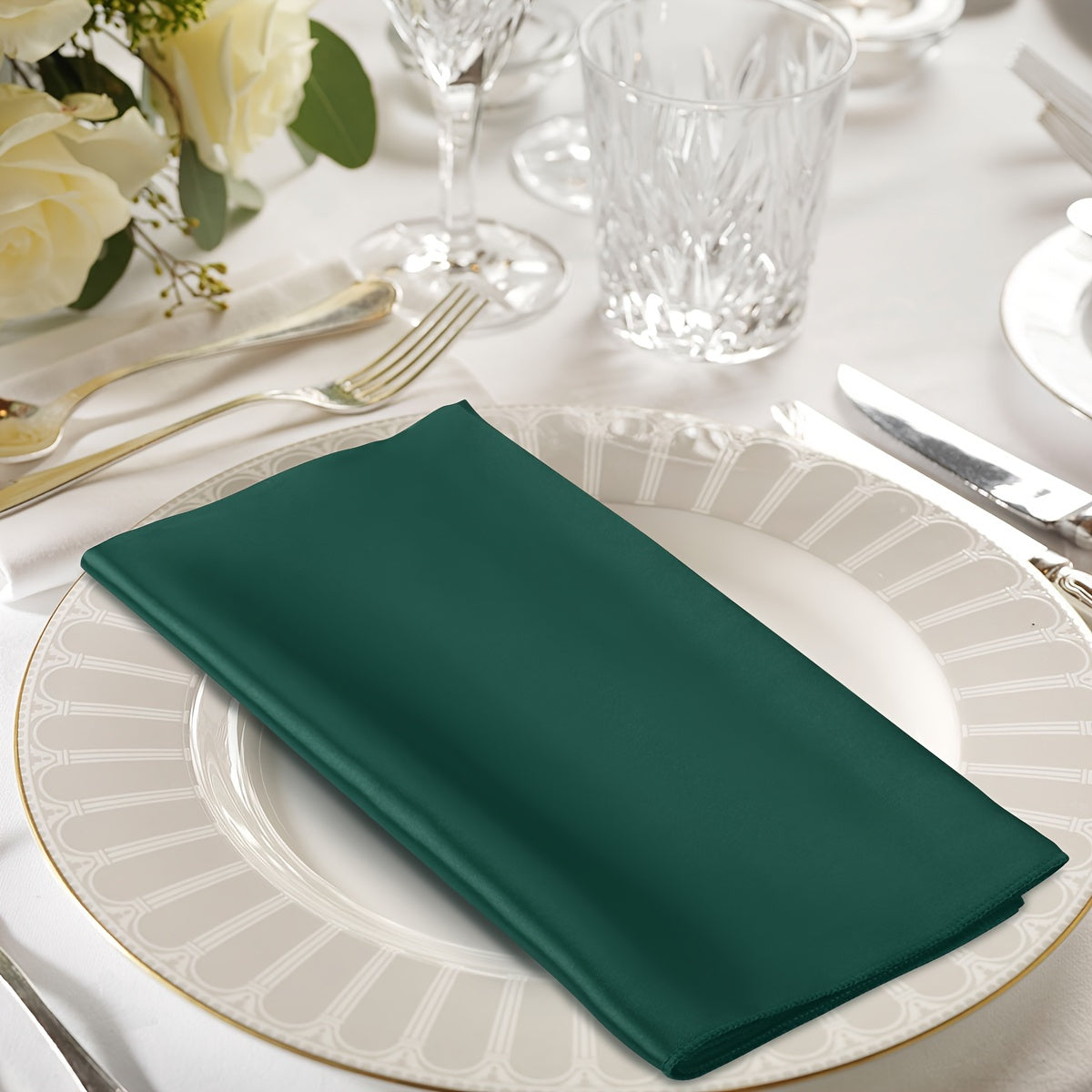 12 Pack Forest Green Satin Dinner Napkins with Golden Napkin Rings - Perfect for Christmas or Wedding Receptions