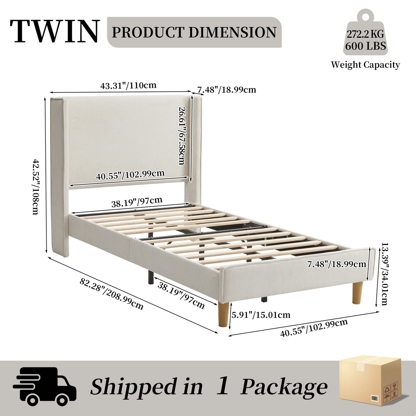 Upholstered Bed Frame With 42.5" High Wingback Headboard, Velvet Fabric, Strong Metal & Wooden Slats Support, No Box Spring Needed, Easy Assembly, Cream/Mink/Turtle Green, Twin/Full/Queen/King Size