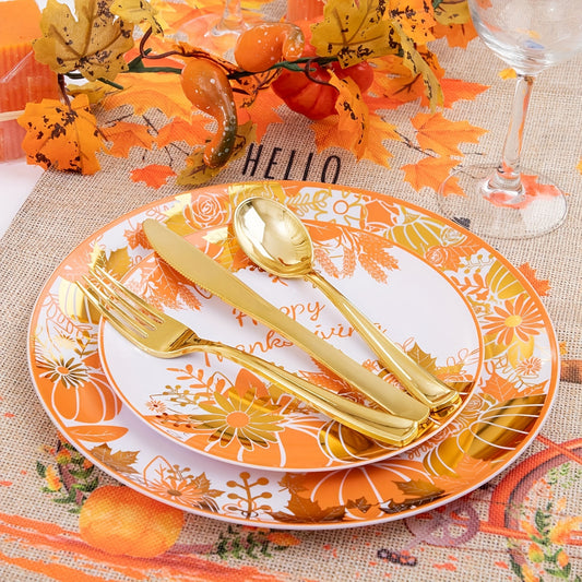 150pcs Thanksgiving Dinnerware Sets WELLIFE A, Plastic Plates with Maple Leaf Design, Includes 30 Dinner Plates, 30 Salad Plates, 30Knives, 30Forks, 30Spoons